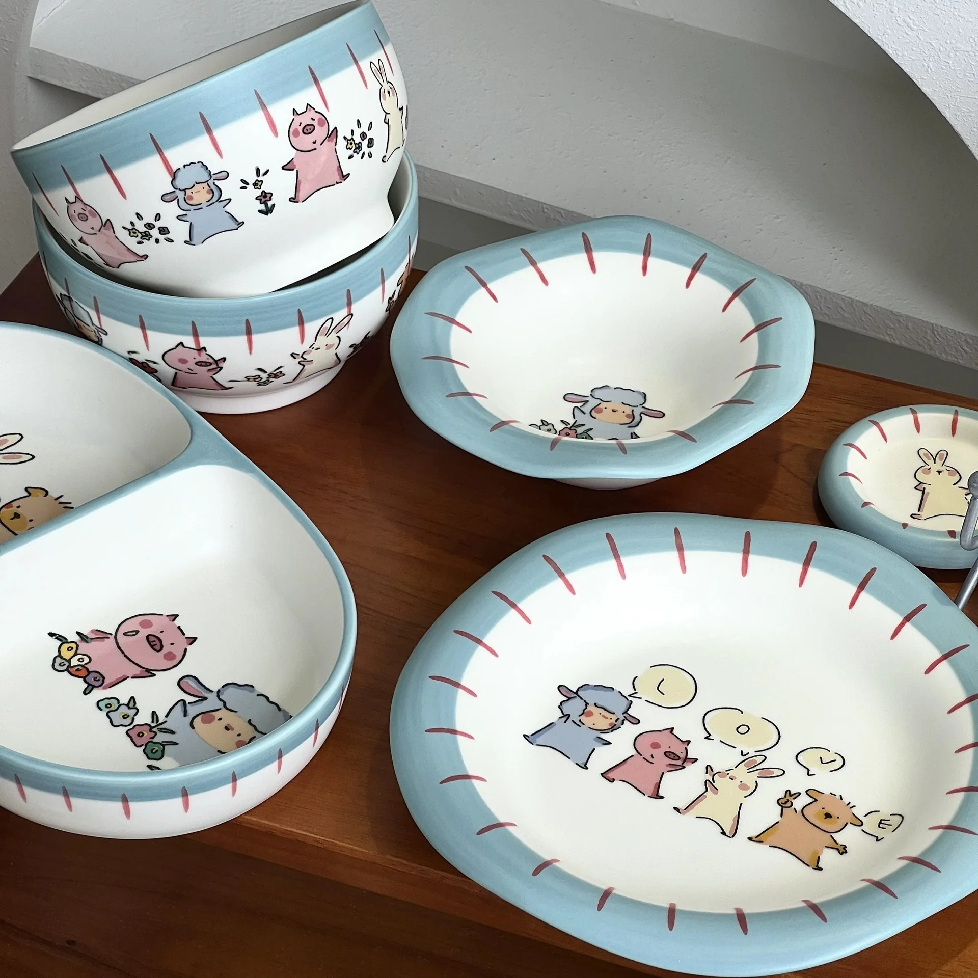 Cute Sheep Baudelaire Blue Matte Ceramic Tableware High Temperature Resistant Creative Breakfast Plate High Beauty Dinner Plate