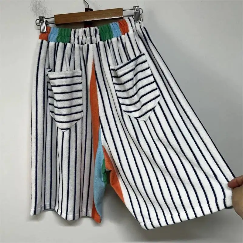 Towel Fabric Stripe Trendy Men's Shorts Versatile Simple Loose Casual Elastic Waist Daily Wear Men Short Bottoms MGY78
