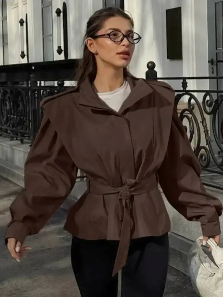

Solid Lace Up Short Trench Coat Lady Chic Stand Collar Wide Shoulder Full Sleeve Loose Coats 2026 New Daily Casual Windbreaker