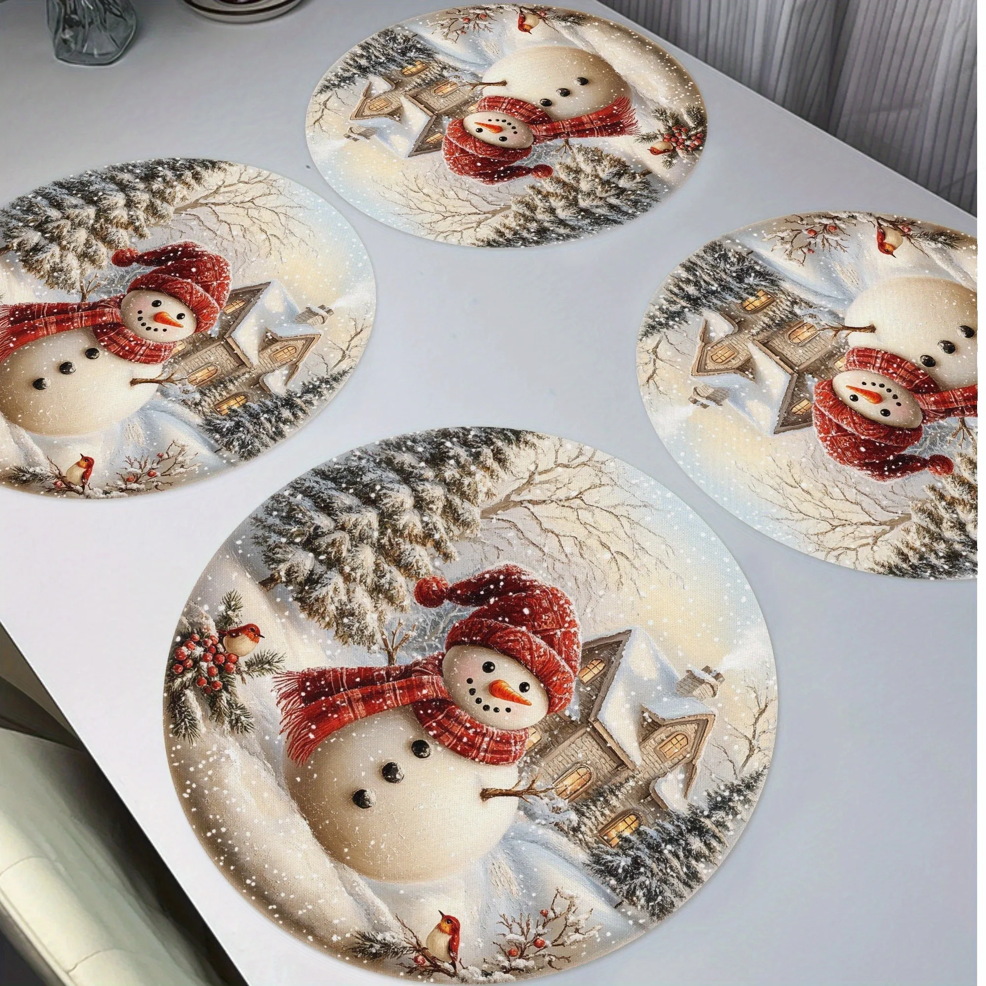 2/4/6/8Pcs Red Snowman Christmas Round Placemats with Christmas Tree, Birdhouse, Chimney Patterns, Winter Seasonal Non-Slip Washable Table Mats Suitable for Party, Kitchen, and Restaurant Decoration