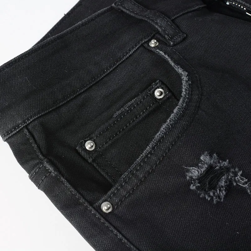Y2K High Street Fashion New Men's Jeans Washed Nostalgic Stretch Slim Fit Perforated Patch Retro Black Jeans Designer Hip Hop Br