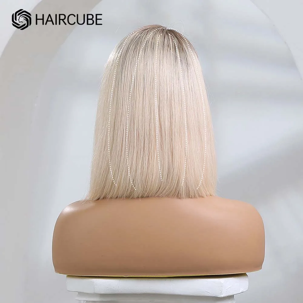 Peluca de cabello humano con encaje frontal para mujer, pelo Remy 100%, color rubio claro degradado, 14 pulgadas, fiesta de Cosplay, parte en T