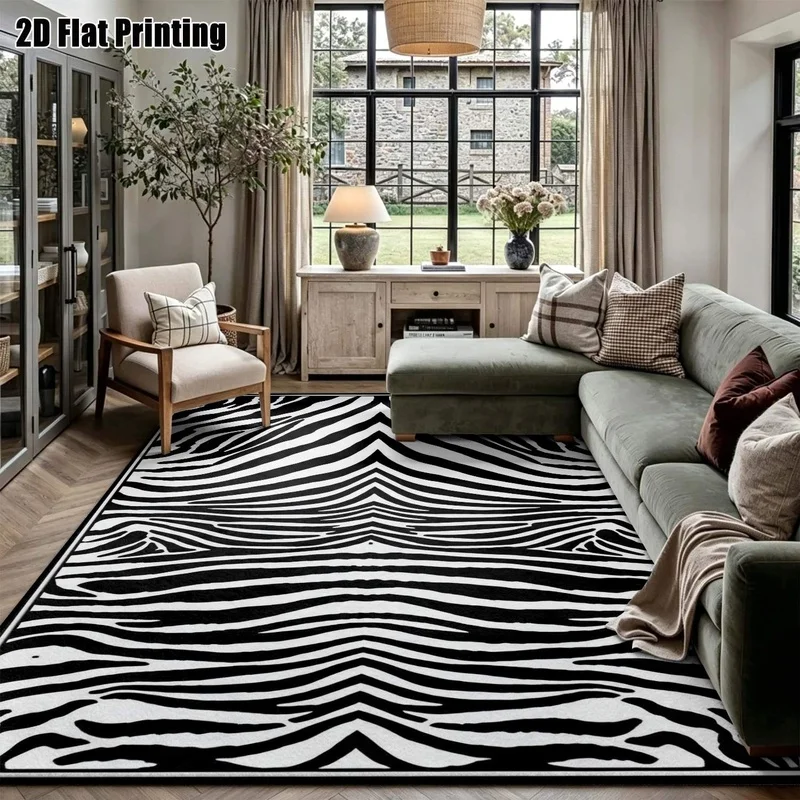 Large Indoor Area Rug, Soft Velvet Low Pile Machine Washable, Bold Black White Zebra Stripe Pattern, Contemporary Animal Print Floor Rug for Living Room Bedroom Entryway