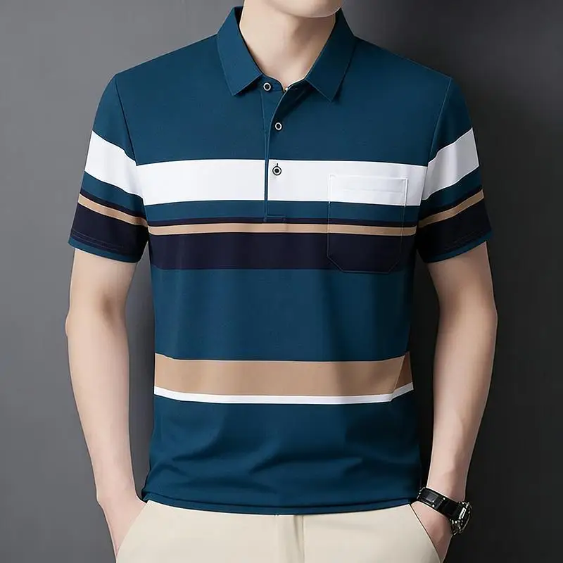 Middle Aged Men Summer Color Block Stripe Real Pocket Soft Ice Feel Turn Down Collar Casual Polo Short Sleeve Shirts S-4XL