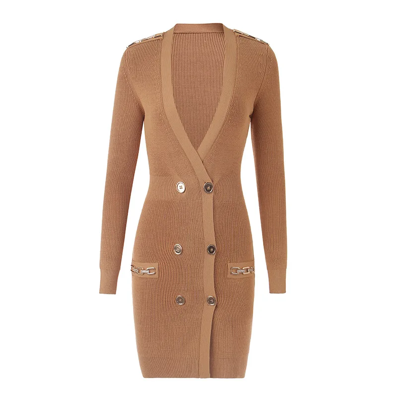 

Элегантная осенняя трикотажная юбка для пригородных поездок в европейском и американском стиле, верблюжьего повседневного модного пальто, платье с декоративной текстурой на цепочке