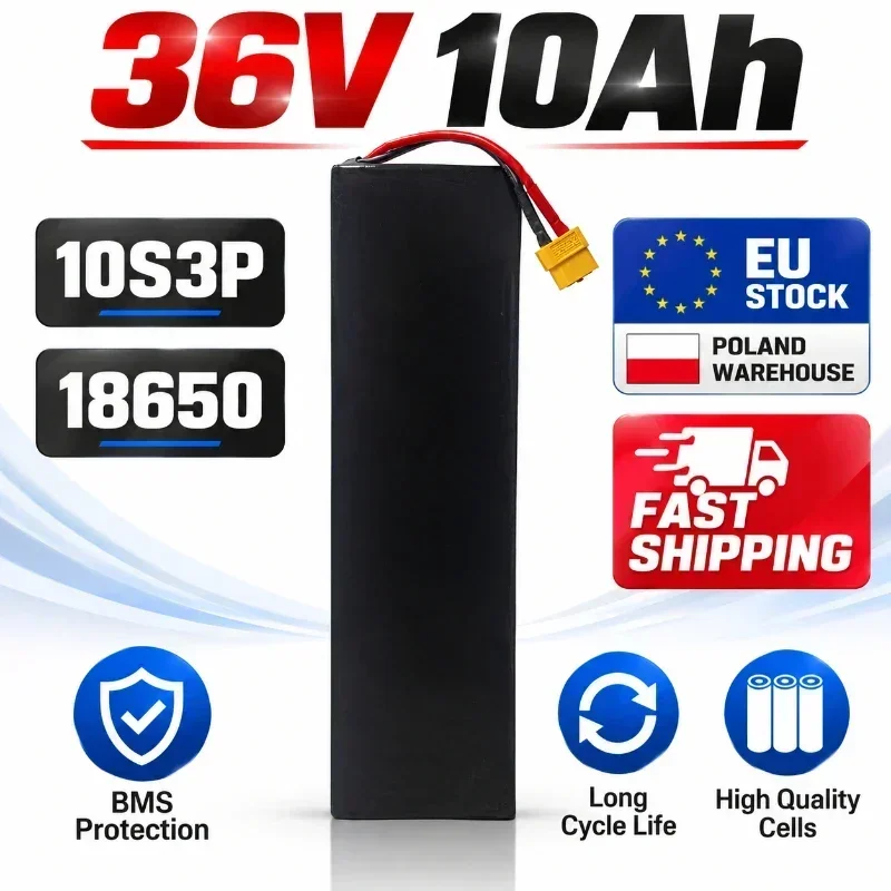 Ersatzakku 36V 10Ah 10000mAh 10S3P 500W für Elektro-Scooter KUGOO S1 S2 S3, wiederaufladbares Li-Ion-Paket mit 18650-Zellen und integriertem BMS, hohe Kapazität, zuverlässige Leistung, europäischer
