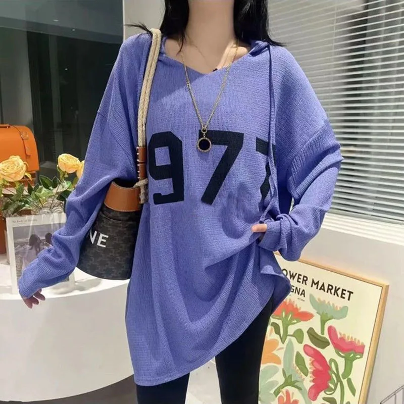 

Korean Casual Letter Printed Pullovers Tops Fashion Women's Clothing Autumn Long Sleeve Loose All-match Hooded Female T-shirt