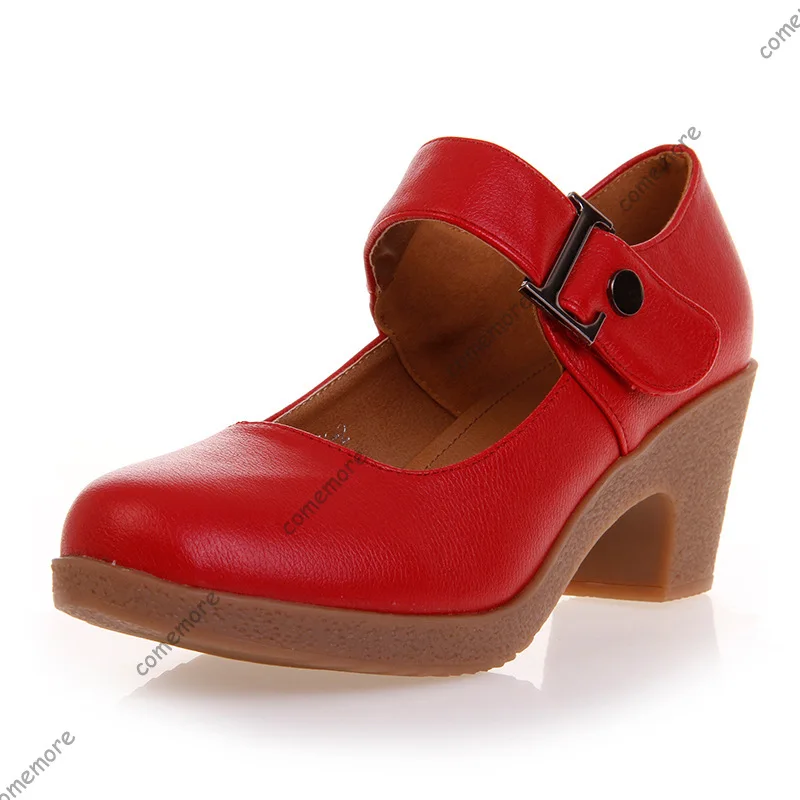 Comemore Women Pumps Spring Autumn Soft Leather Shoes for Women Chunky Middle Heel Dance Shoes Party Lady Platform Heeled Shoe