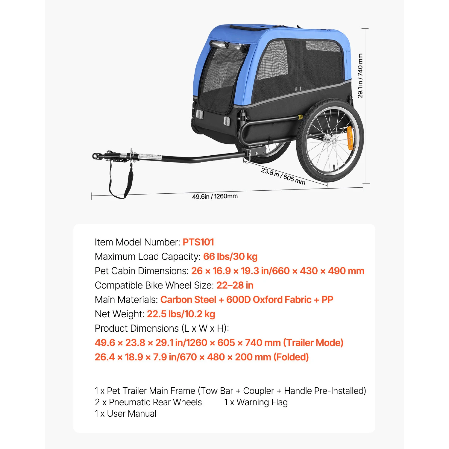SucceBuy 66/88 lbs Hondenfietskar met eenvoudig opklapbaar frame, hondenwagen, fietsdrager met koppeling & reflector voor kleine & middelgrote honden