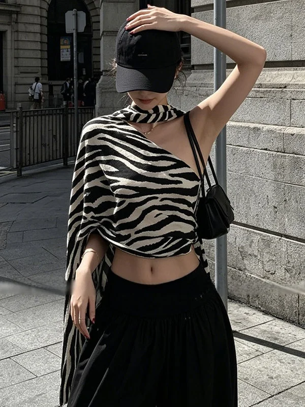 

American Style Loose Women's Shirt Casual Zebra Pattern Shoulder Drape Sleeveless Top Vintage Short Length Collarless