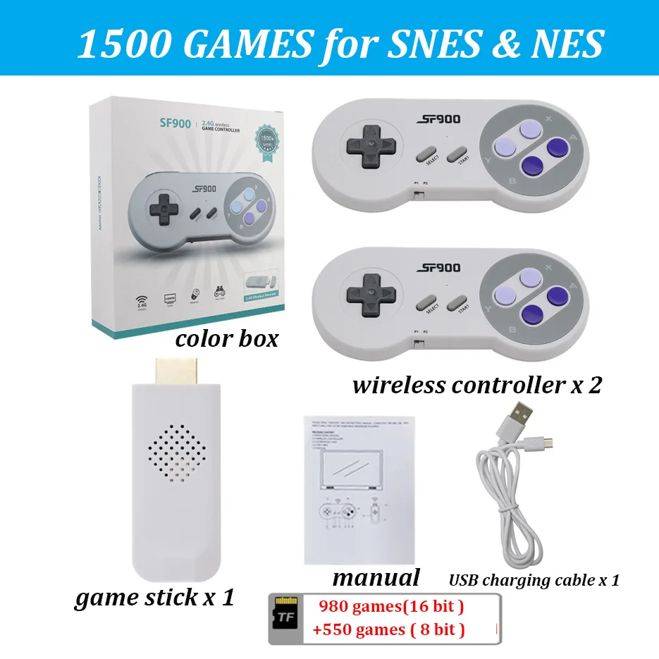 

SF900 HD Video Game Console 1500 Games Retro Game Stick for SNES Wireless Controller 16 Bit Handheld Game Player for NES