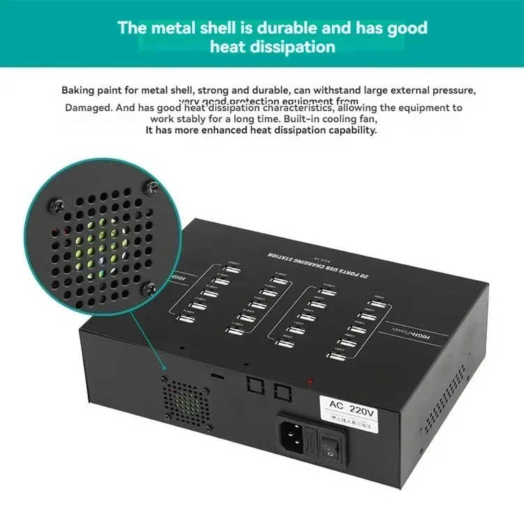 Integrated charger for smartphones and tablets (2A power output), 200W power supply, BC1.2 charging protocol
