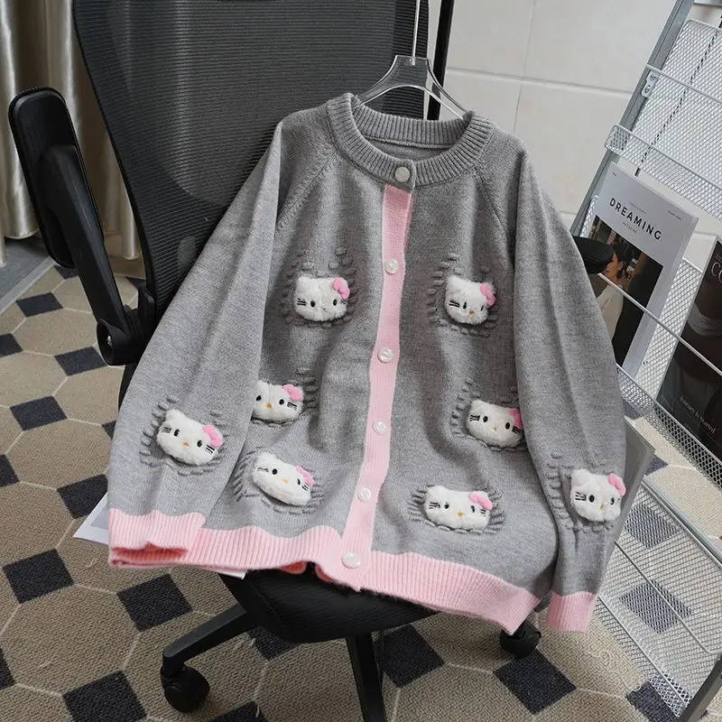 

Вязаный кардиган Sanrio Hello Kitty в непринужденном стиле для девочек, модный, весенне-осенний, с цветовыми сочетаниями, для нежного и комфортного отдыха, свободный крой