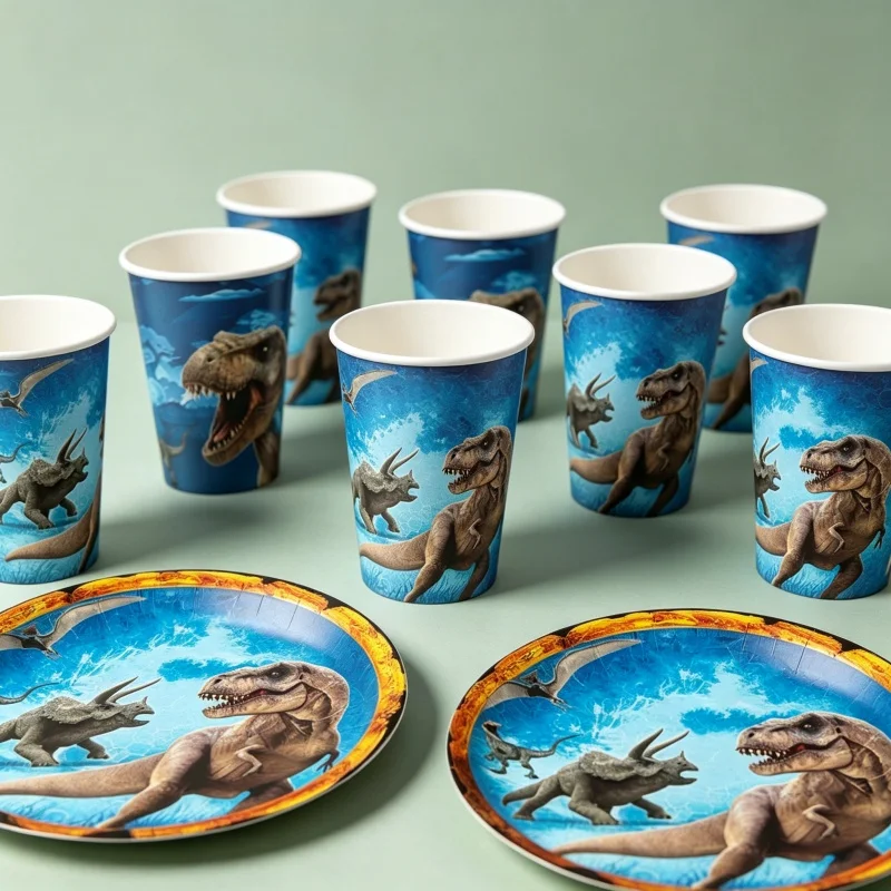Assiettes à thème dinosaures de la période jurassique, spirale en nid d'abeille, pour fête d'anniversaire, vaisselle jetable, fournitures de décoration
