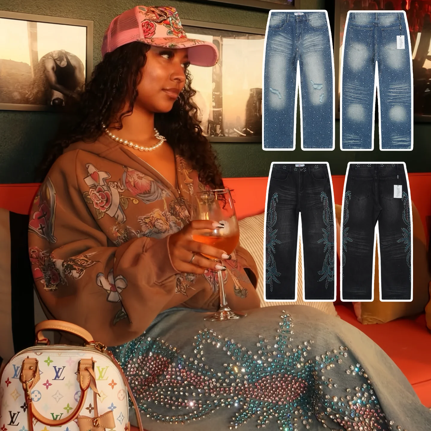 

Valley American Street Retro Heavy Duty Rhinestone Jeans Casual Hip Hop Straight Leg Cotton Blend Youth Fashion Autumn Wear