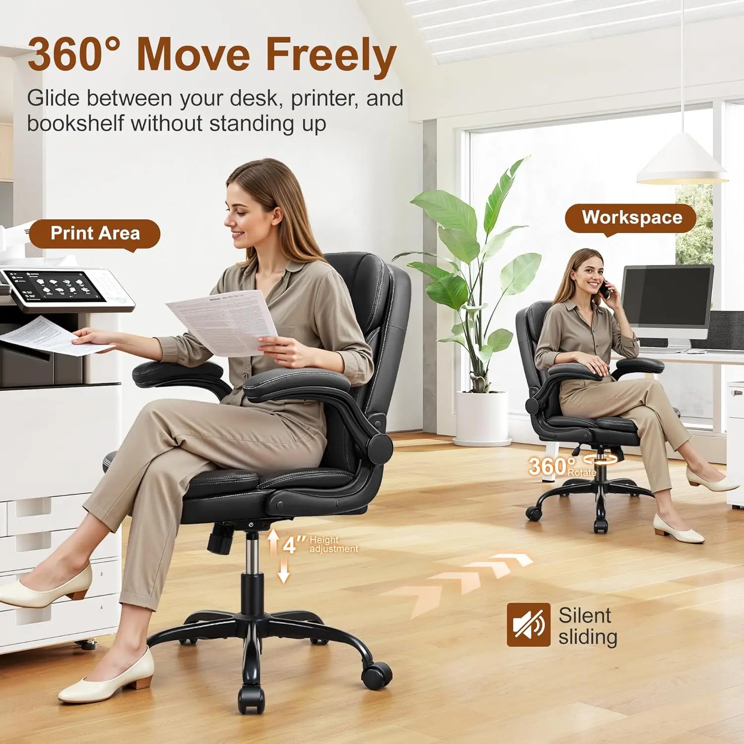Ergonomic Office Chair with Double-Layer Cushion, Flip-Up Armrests, and Neckrest for Small Spaces, Black view 4