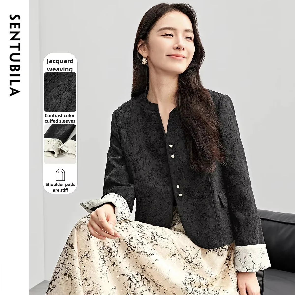

SENTUBILA Chinese-style Women Jackets 2025 Autumn Jacquard Shoulder Pads Coats Contrast Flipped Sleeves Female Outwear 151W57754