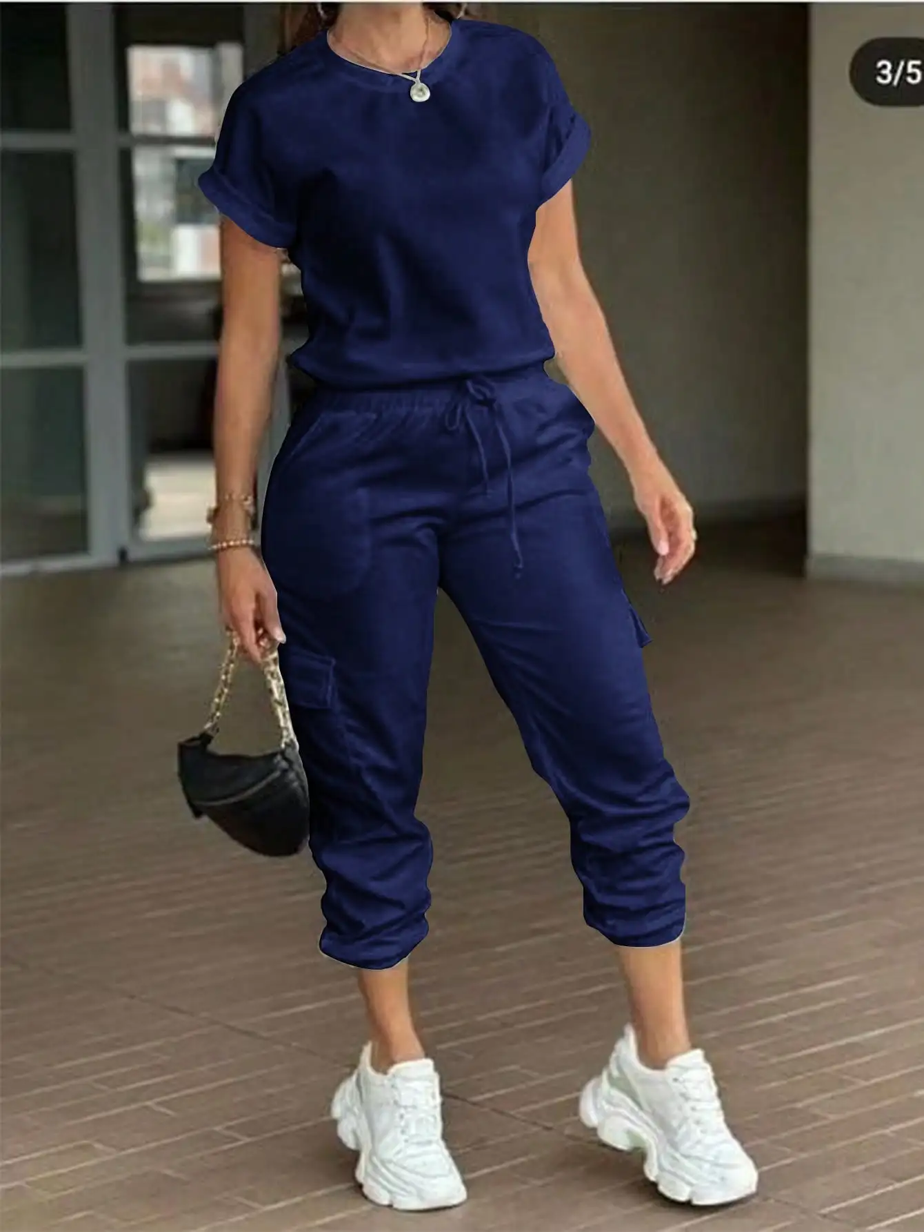 BWQ Tuta da donna casual con coulisse a maniche corte con scollo tondo, estiva