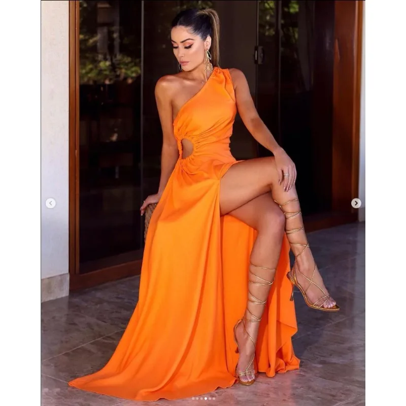 Abito scava fuori tinta unita a vita alta con spacco Y2K abito da festa donna senza maniche moda una spalla lungo Maxi vestito