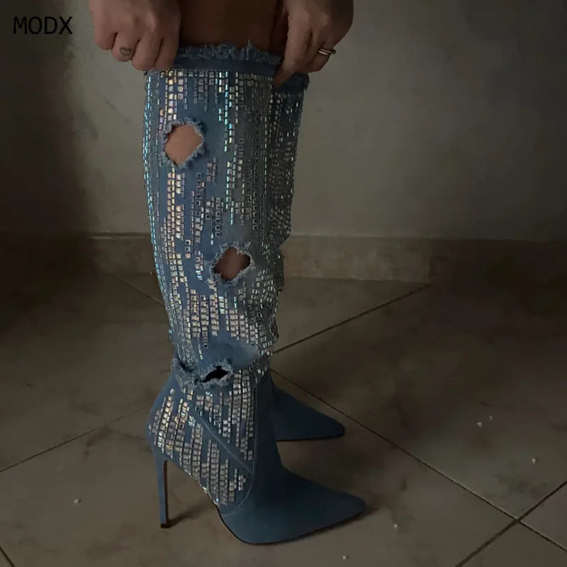 

2025 женские сапоги до колена с острым носком, летние сандалии на тонком высоком каблуке с молнией, джинсовые сандалии с блестками, модельные сапоги, большие размеры