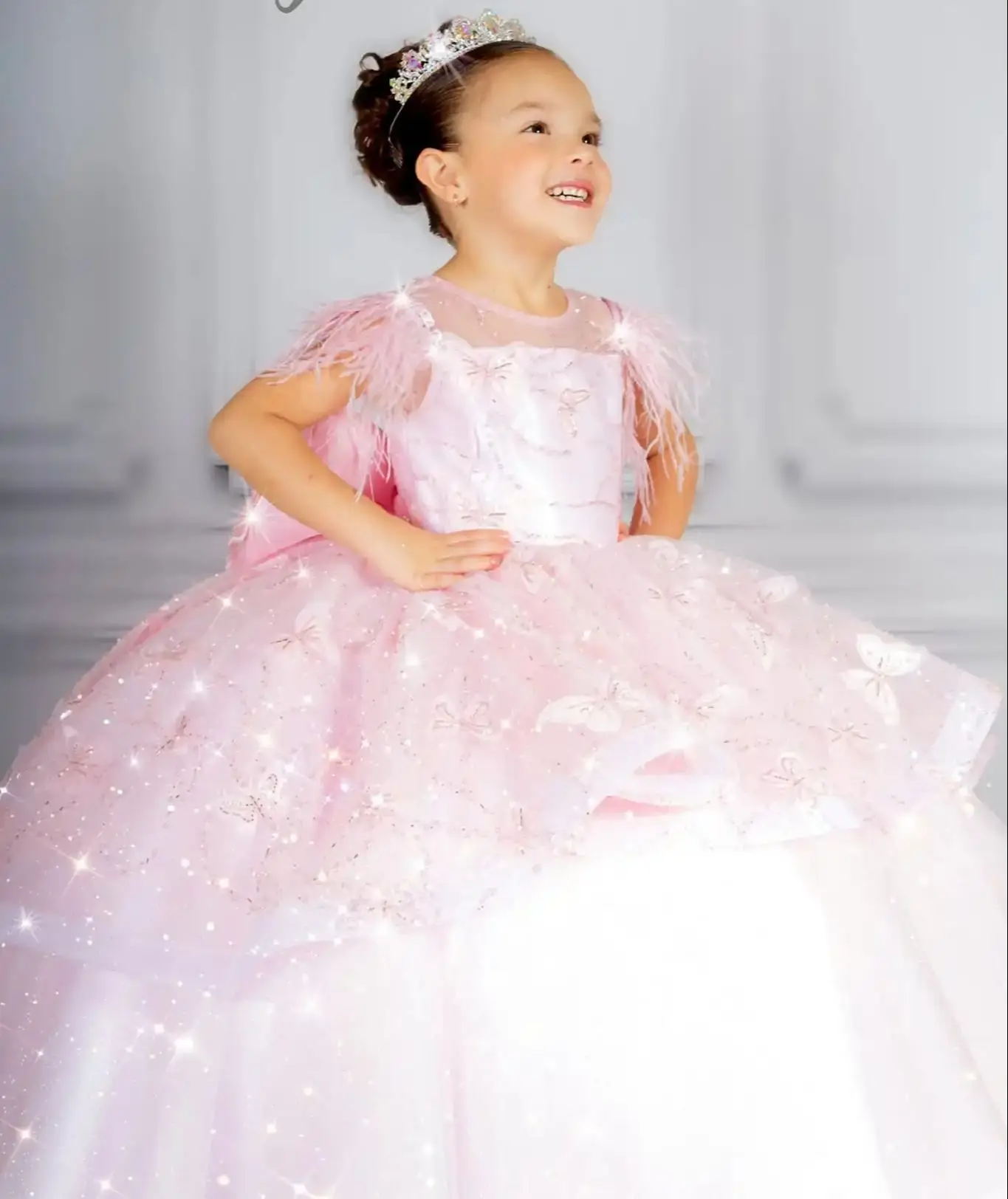 Lovely Pink Flower Girl Dresses Customized Butterfly Kids Princess Gown Birthday Party Gowns Quinceanera Girl's Pageant Dress