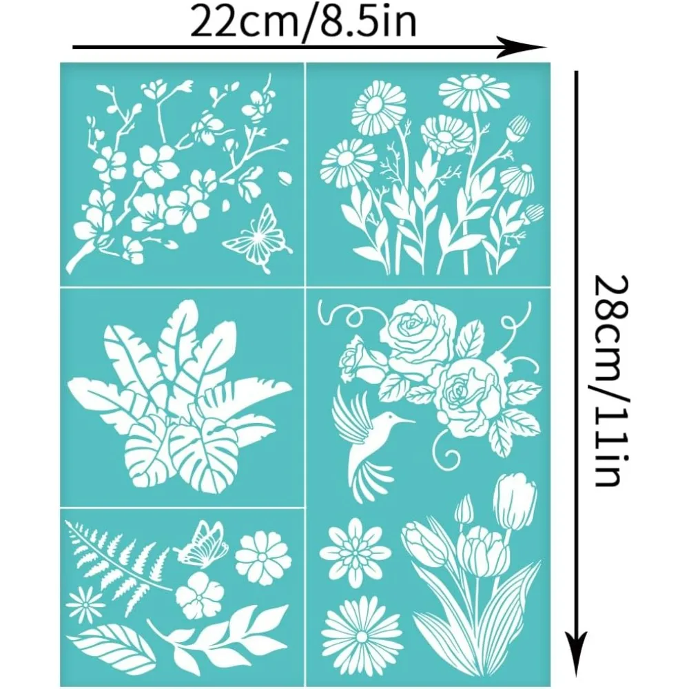 2Pcs 8.6x11 Inch Flower Theme Self-Adhesive Silk Screen Printing Stencil Cherry Blossom Daisy Rose Silk Screen Stencil Tropical