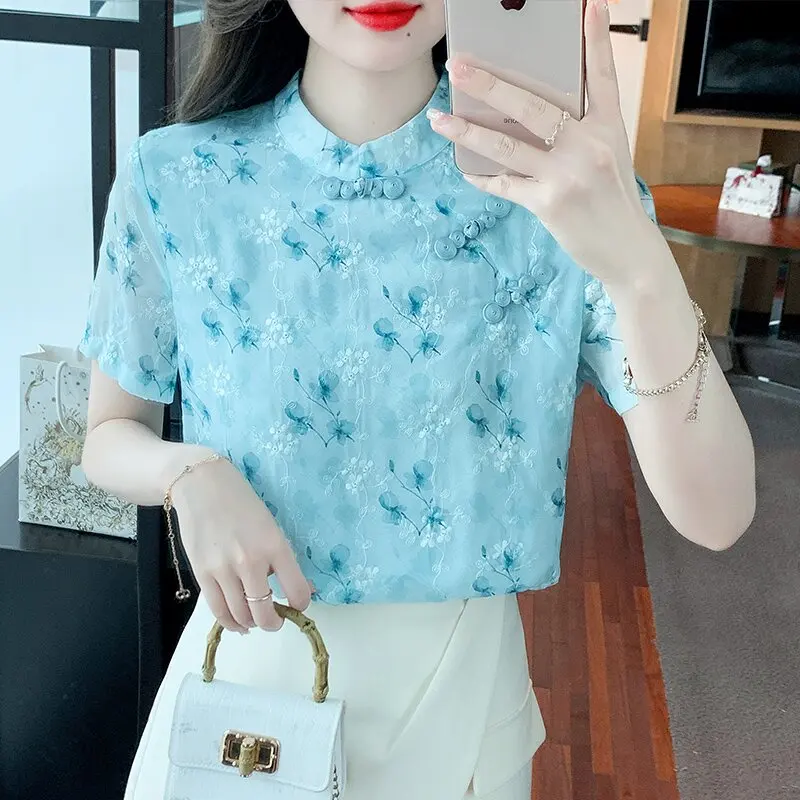 

New Chinese Style Women's Summer 2026 Short Sleeve Chiffon Shirt Improved Fashionable Floral Print Top Korean Style