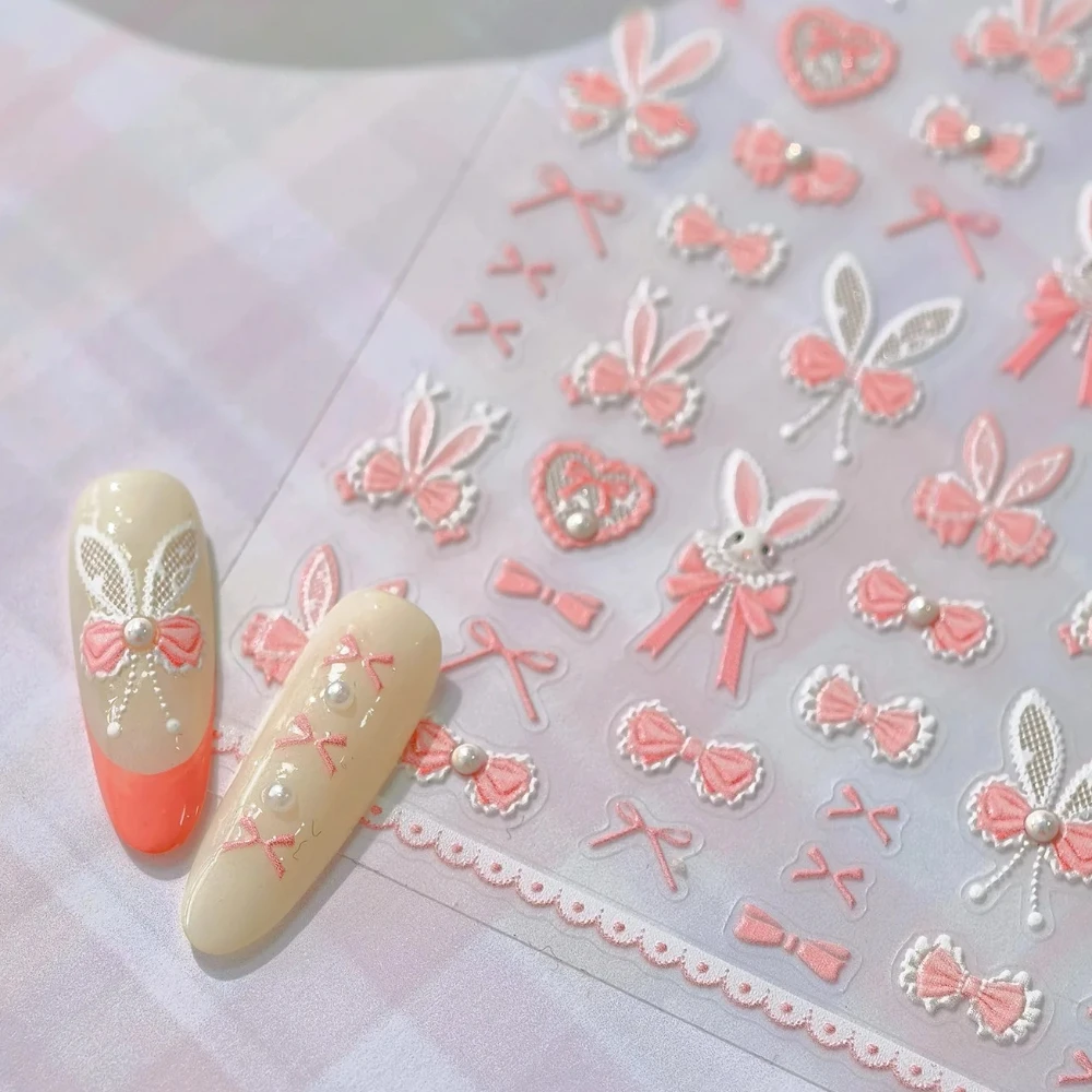 

Pink White Sweet Cute Lace Bowknot Rabbit Bunny Ears Pearl 5D Reliefs Self Adhesive Nail Art Stickers Lovely 3D Manicure Decals