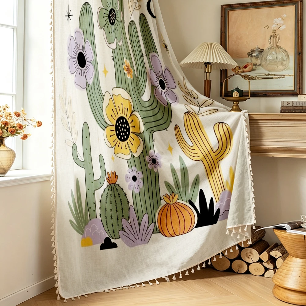 1PC Cactus Tassel Sheer Curtain, Cactus Flower Star Moon, Digital Print, Linen Polyester, Bedroom Living Room, Home Decor
