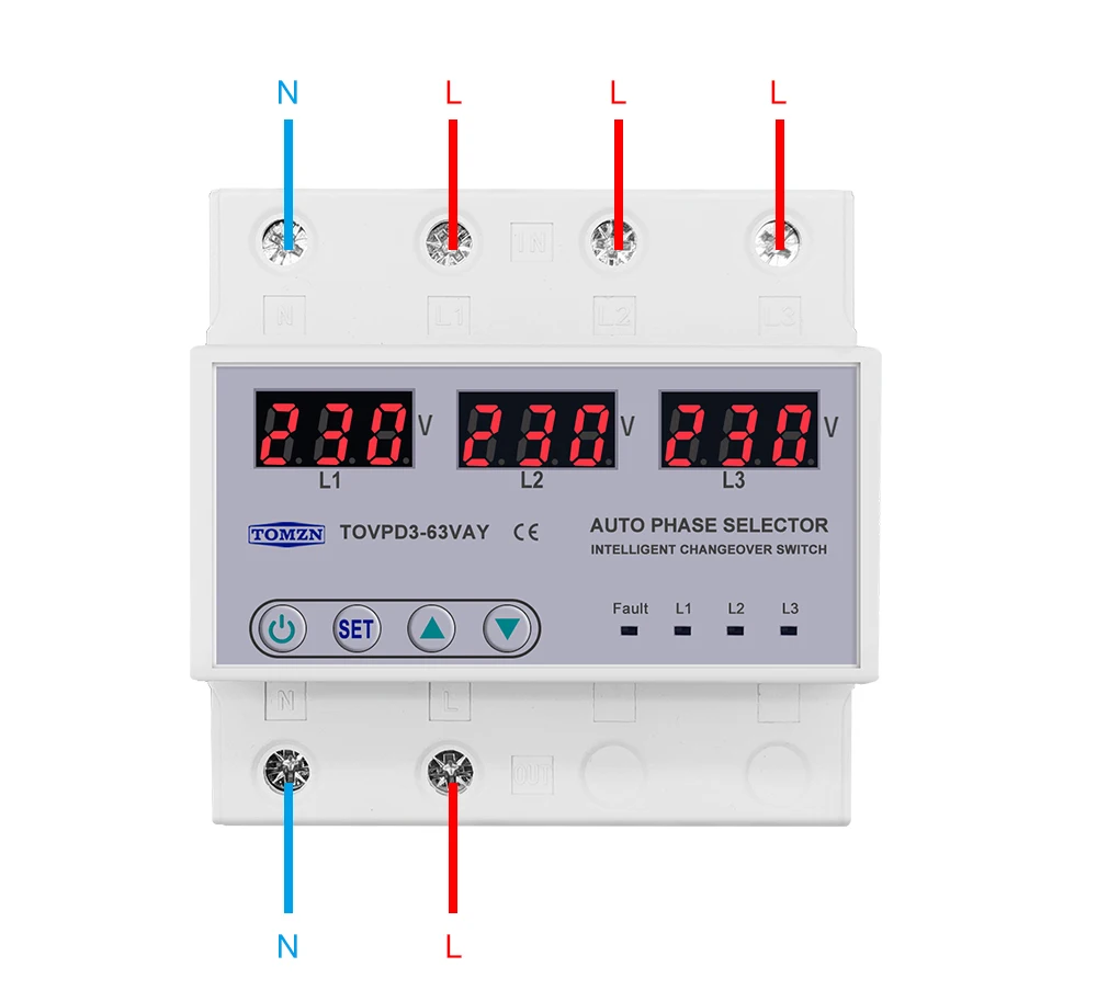 Three Phase 3P+N Din Rail Phase Selector Voltmeter with Adjustable Over and Under Voltage Protection Monitor Relays Protector
