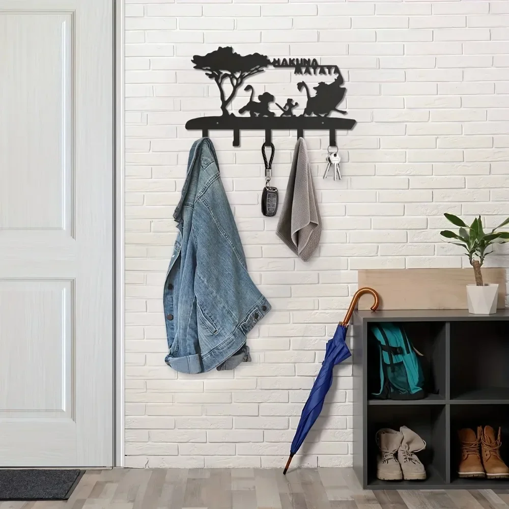 5 Hooks -Forest animals -Easy-Install Black Metal Key Holder Wall Mounted Organizer Rack For Home Decor