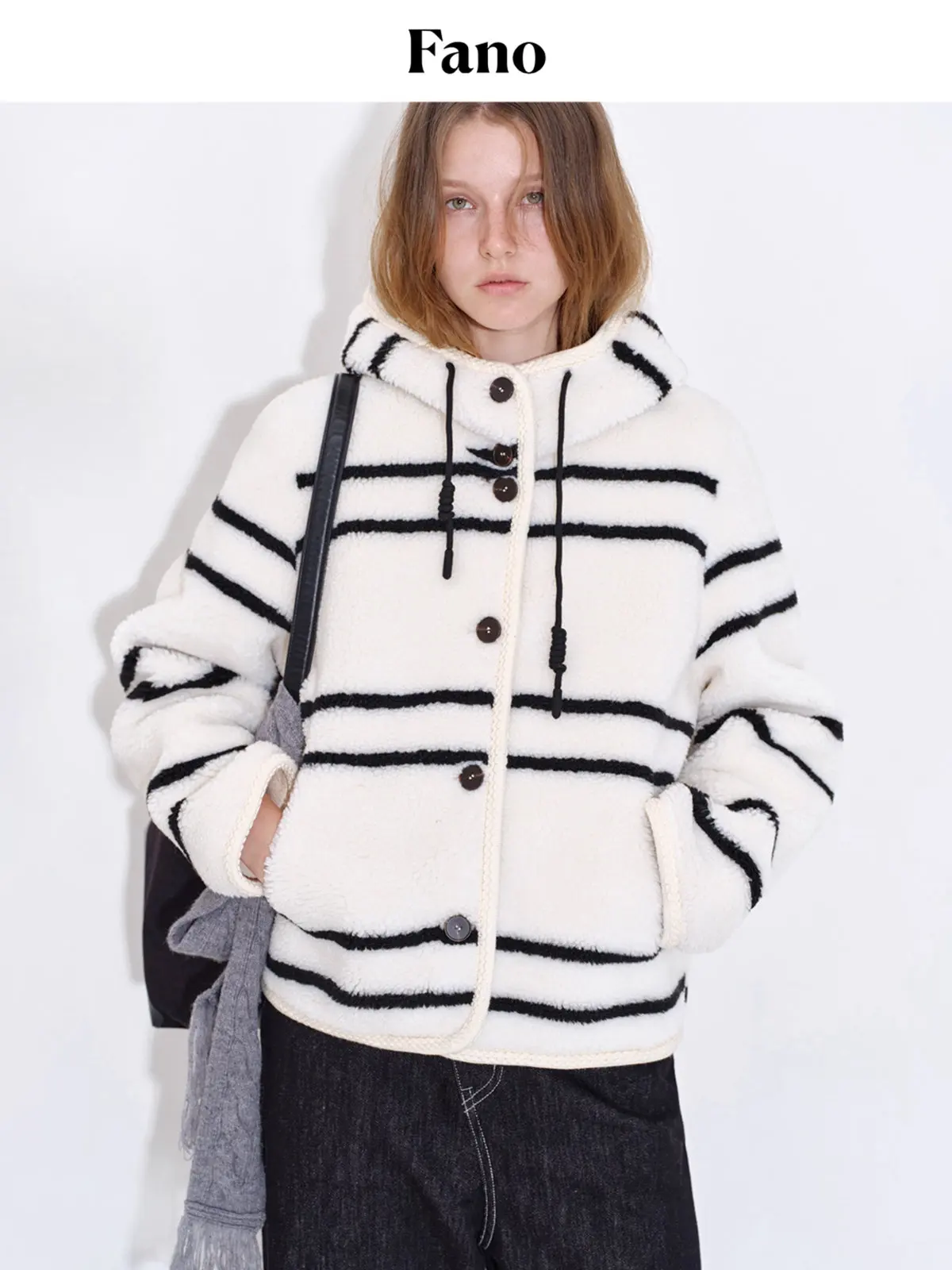 

Fano Lazy Sle Lamb Fur Coat Women's Bla White Stripes Hooded Leather And Fur Inteated Winter Jaet Casual Loose Fit