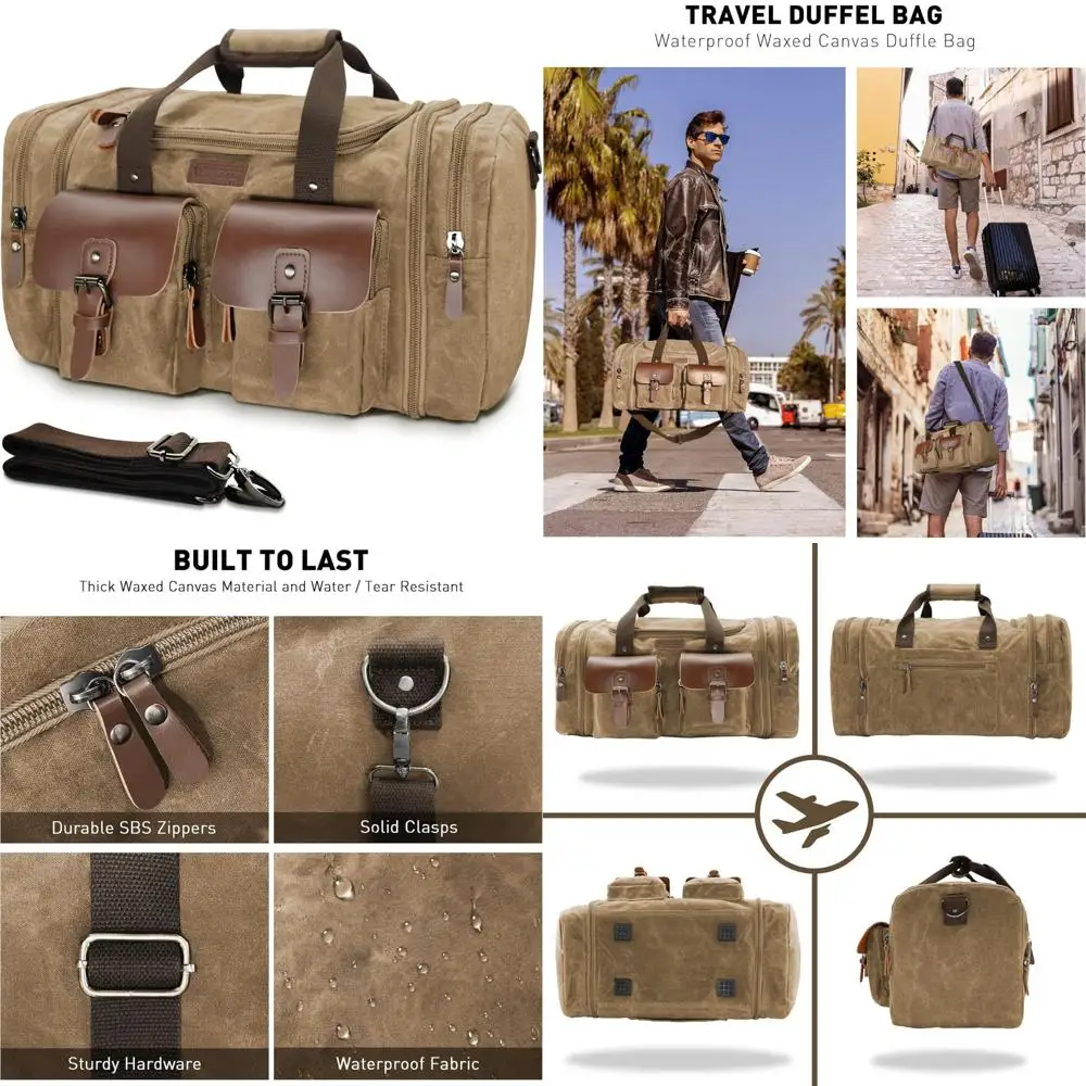 

Waterproof 50L Waxed Canvas and Genuine Leather Duffle Bag - Vintage Style Travel Overnight Carry-On Bag for Weekend Trips