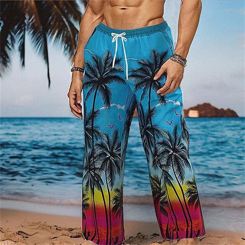 Men's New Hawaiian-Style Beach Shorts Fashionable Casual Breathable Straight-Leg Pants Plus Size Loose Fit with Drawstring