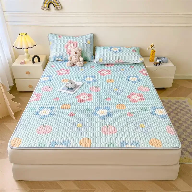 

For Summer Blue Floral Print Cool Feeling Ice Fabric Cover Single/Double/Queen Bed Sheet Cool Pad Mat And 1/2 Pillowcase Set