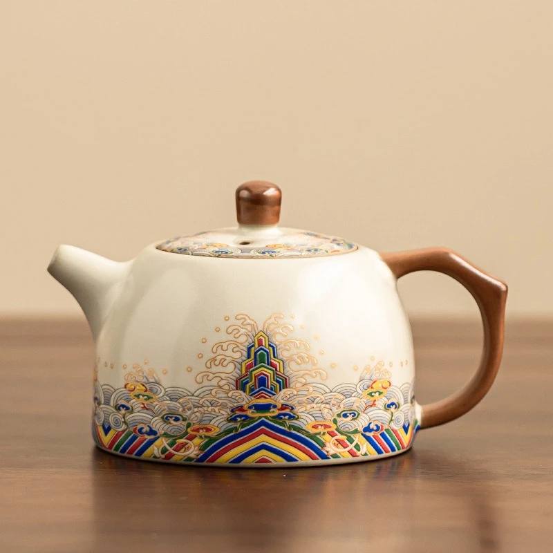 Vintage Ceramic Teapot with Seawater Cliff Pattern Wooden Handle for Tea and Home Decor