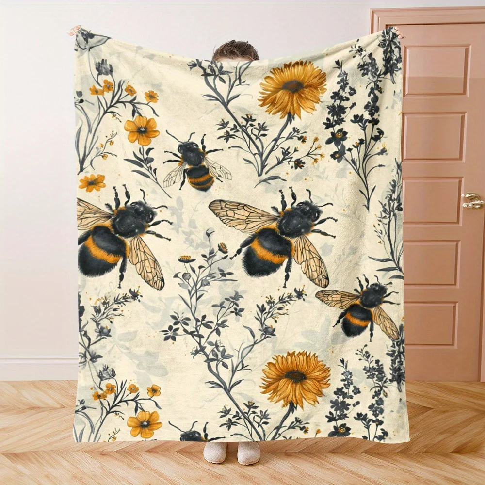 

Bee & Wildflower Flannel Blanket - Ultra-Soft Lightweight | Machine Washable Throw for Sofa, Camping