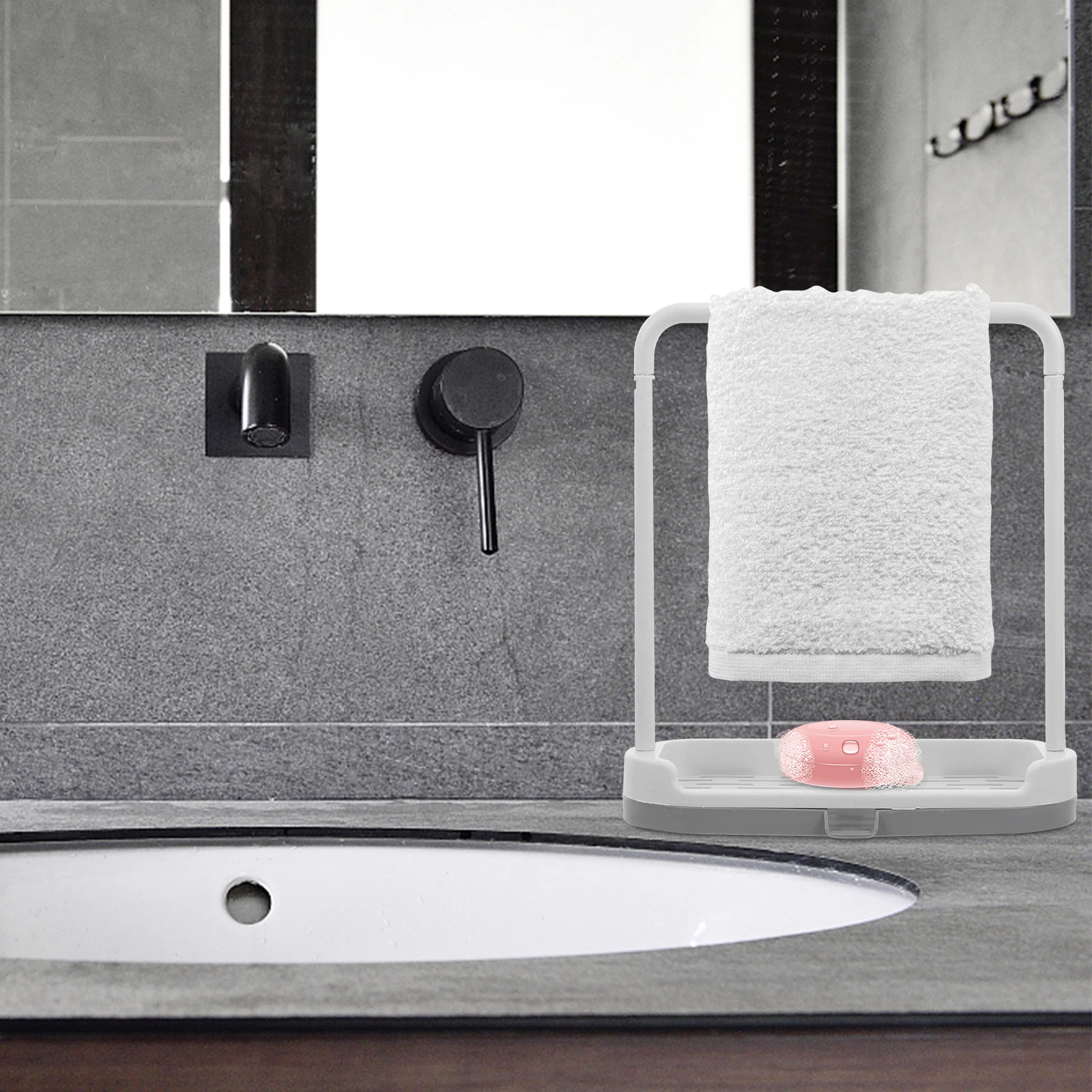 

Plastic Countertop Rag Rack Dishcloth Drying Stand Removable Soap Sponge Holder Grey Lightweight Water Drain Spout Kitchen