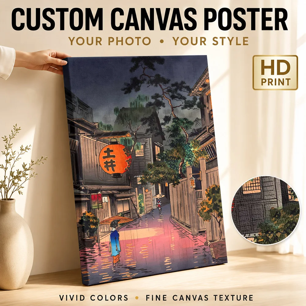 Tokyo Rainy Street Travel Gallery Wrapped Canvas Print Customized Photo Traditional Ukiyo-e Wall Art For Entryway Birthday Gift