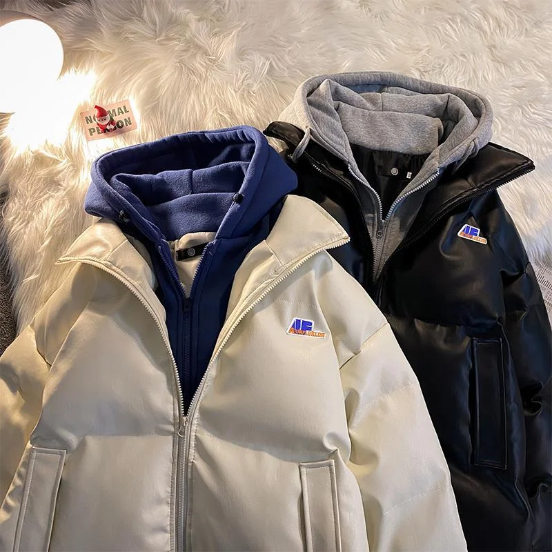 

Men's Winter Thiened PU Leather Cotton Jaet Fake Two-Piece Bread Sle Hooded Coat Warm Casual CleanFit Loose pe