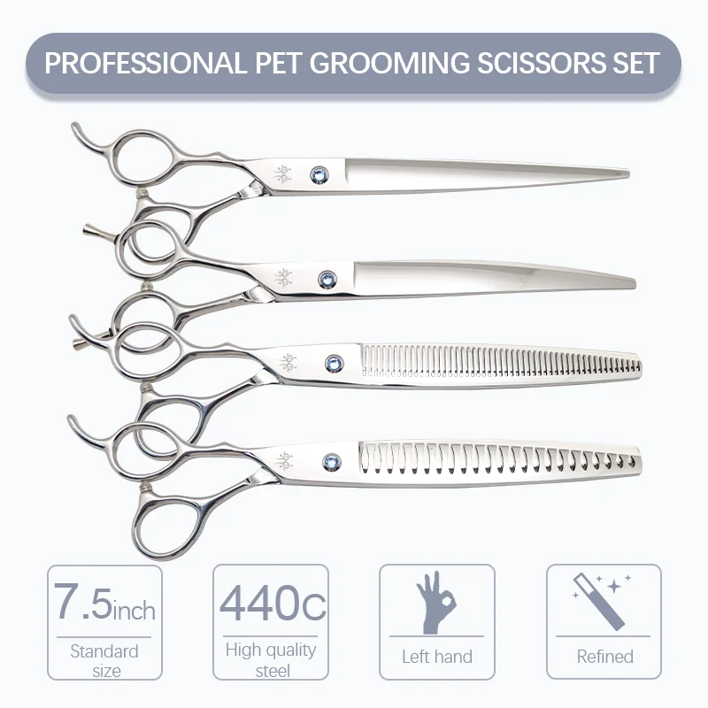 Yijiang 7.5in Professional Left Hand Pet Grooming Beauty Kit Gem Curved Thinning Chunker Shears Set Dog Hair Cutting Scissors