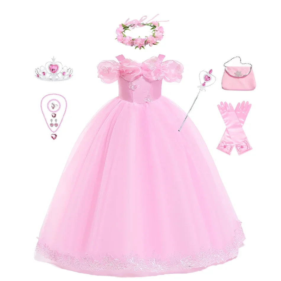 Pink Aurora Cosplay Costumes for Girls Ball Gown Pagent Princess Elegent Shoulderless Long Dress Birthday Party Butterfly Frocks