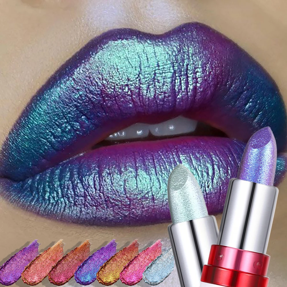 إشعاع معدني أزرق أرجواني الحرباء أحمر الشفاه بريق الماس اللون المتغير ملمع الشفاه الأخضر لؤلؤة تألق ماكياج ساحر #1