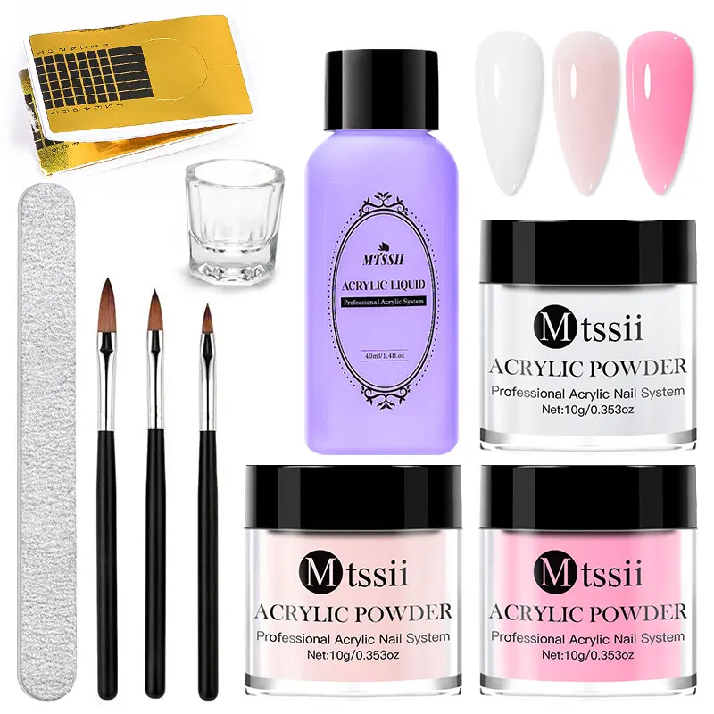 Kit de unhas acrílicas, pó de cristal, líquido acrílico com conjunto de escova, acrílico rosa e branco para extensão de unhas, escultura profissional