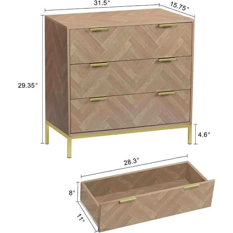 Modern 3 Drawer Dresser, Mid Century Natural Oak Storage Bedroom Furniture with Gold Metal Legs