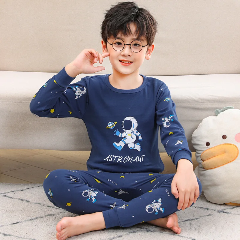 100% Cotton Boys Pajamas Sets Toddlers 2 to 3 4 5 6 7 8 9 10 11 12 13 14 Years Long Sleeve Navy Blue Astronaut Print Pj for Kids