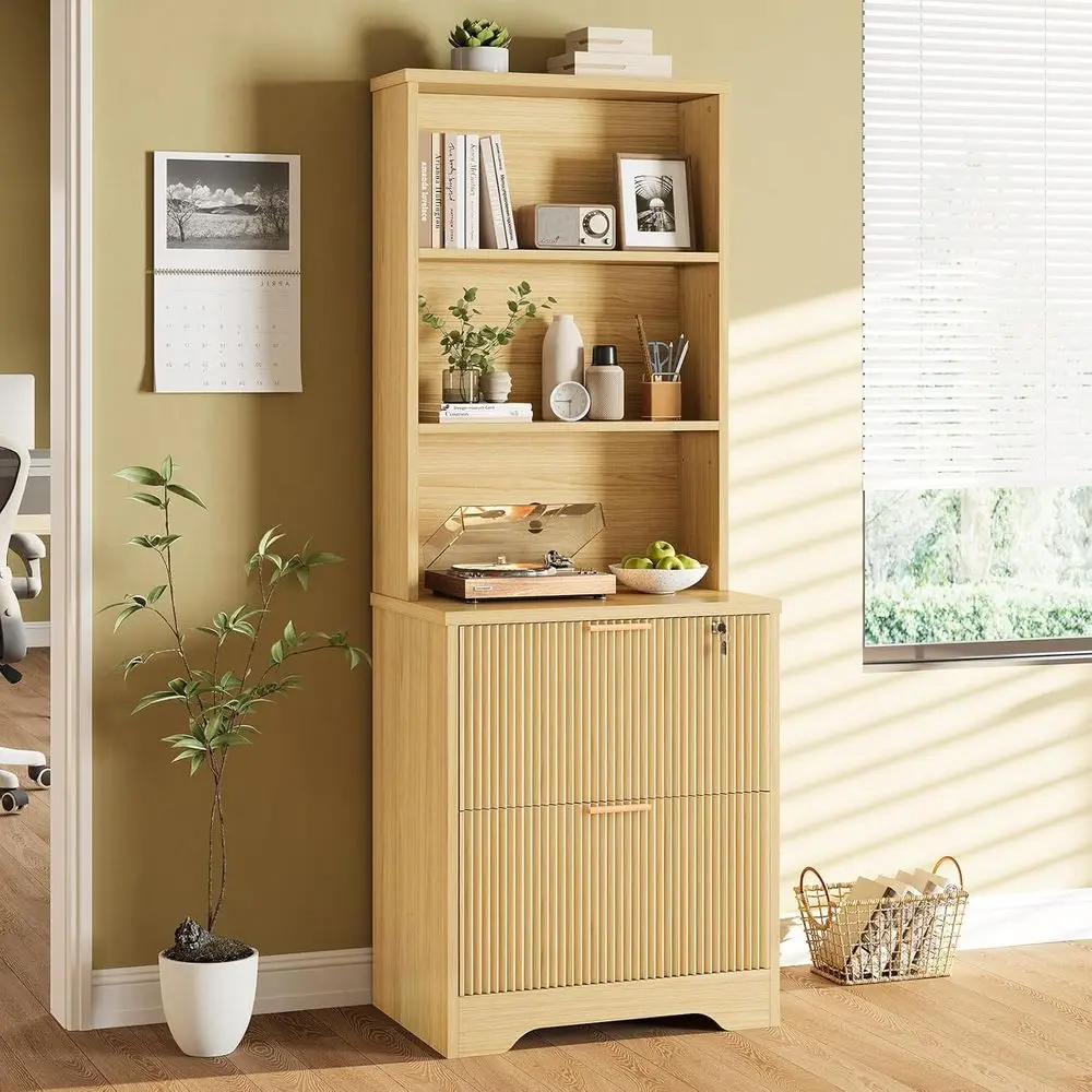 Natural Oak Letter & Legal Size Filing Cabinet with Lock, Adjustable Shelves, and Hanging File Rails