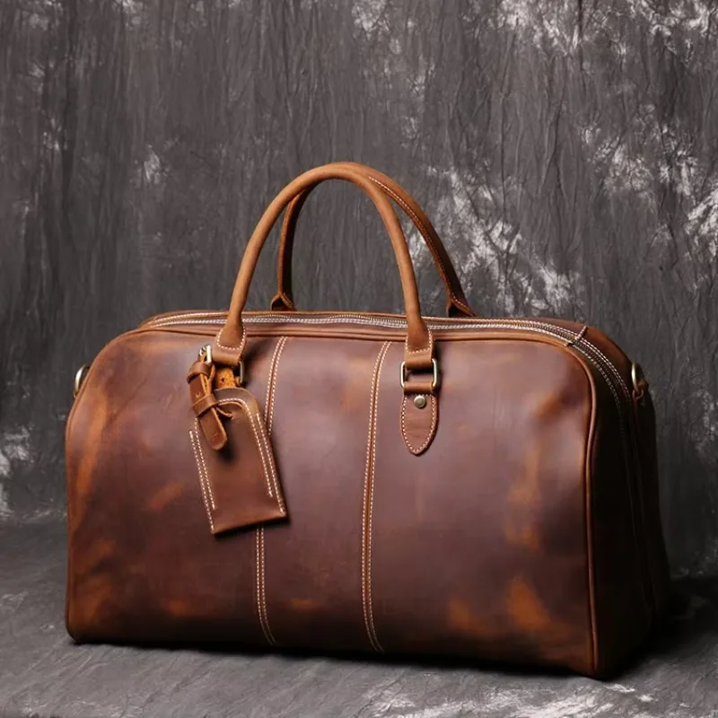 Crazy Horse Leather Travel Duffel Bag with Zip Closure Adjustable Strap Unisex for Overnight Weekend Gym Use