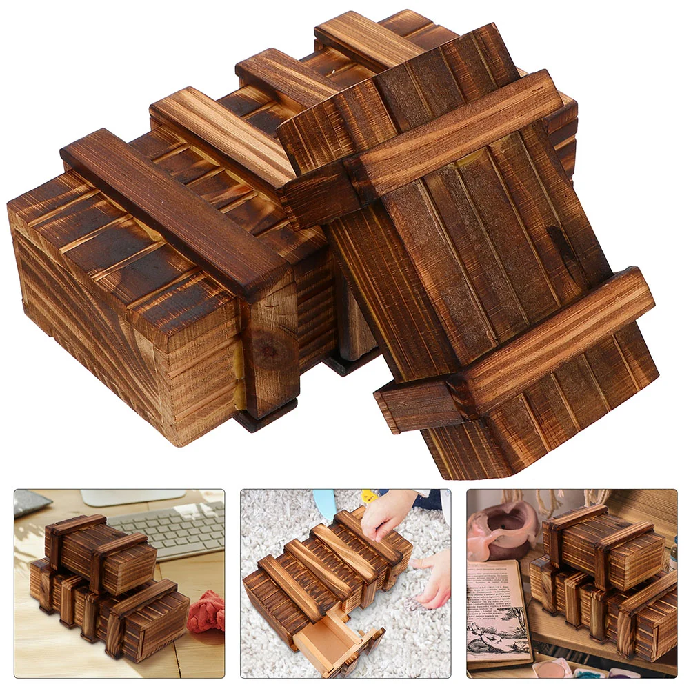 4 Pcs Childrens Toys Double Open Secret Puzzle Case Wooden Boxes Kid Drawer Toddler