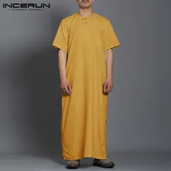 INCERUN 2024 Men Muslim Jubba Thobe Islamic Kaftan Solid Color Fashion Short Sleeve Caftan Middle East Dubai Mens Robes S-5XL